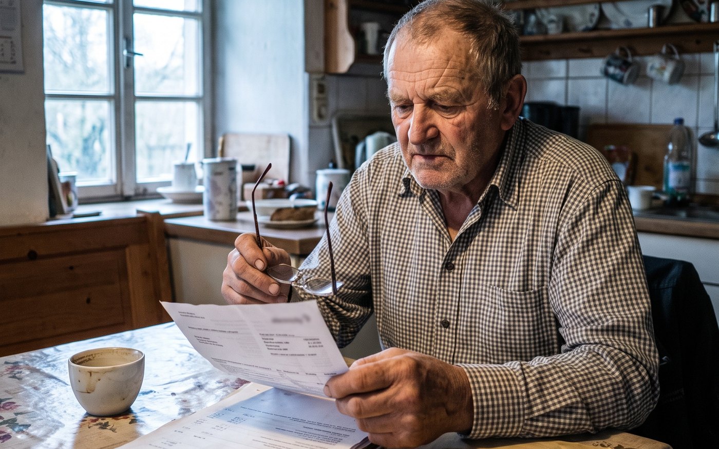Landwirt am Küchentisch, Stromrechnung und Unterlagen vor sich, rechnet nach