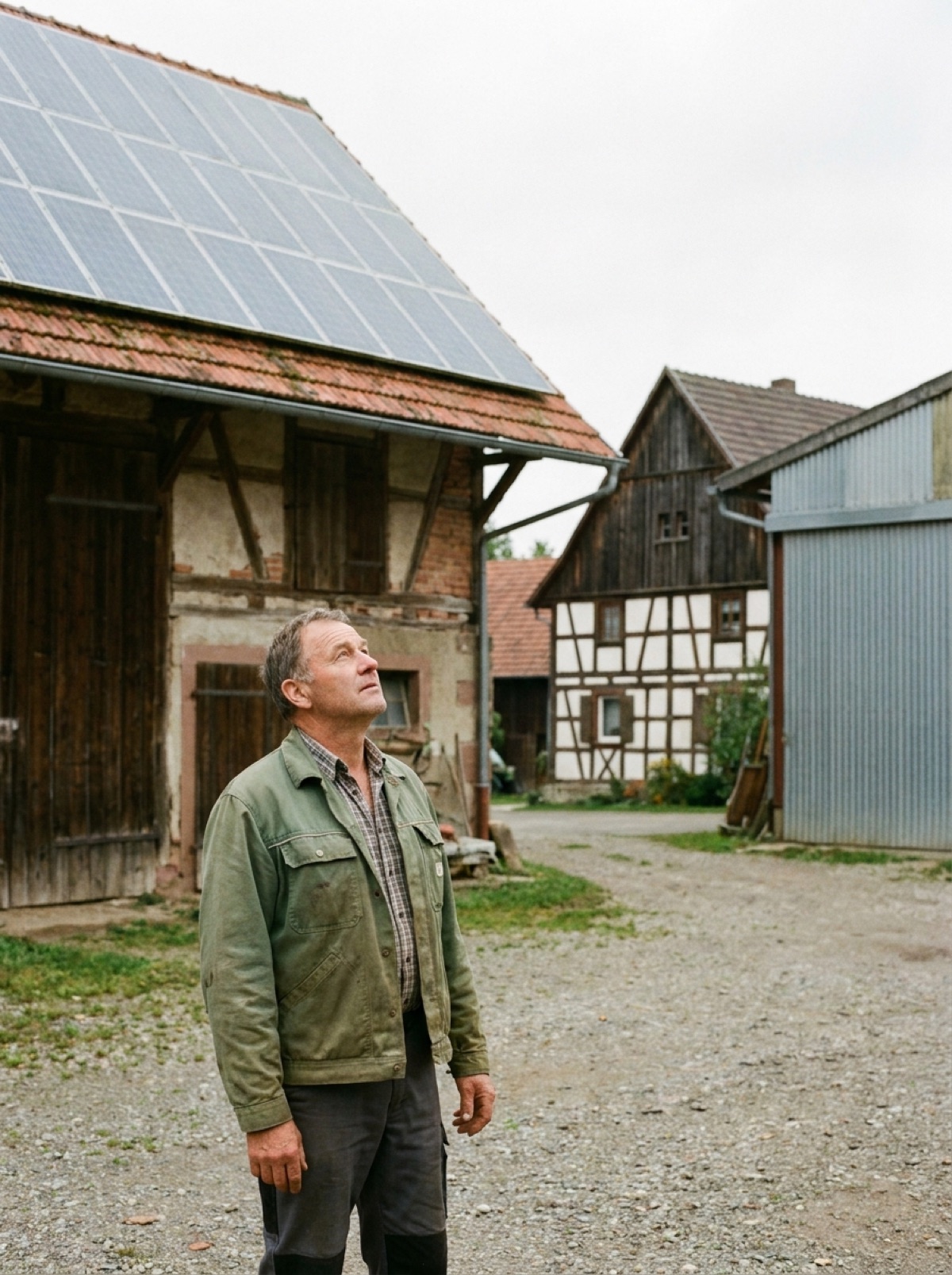 Landwirt auf seinem Hof, den Blick auf die Photovoltaikanlage der Scheune gerichtet